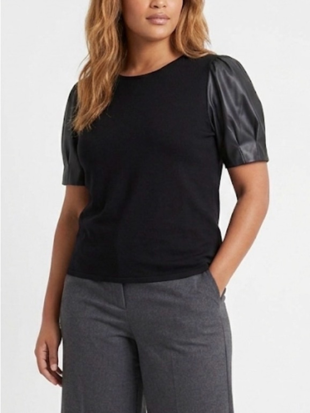 Sioni Black Puff Sleeve Mixed-Media Top Size XL Faux Leather Knit Edgy Goth